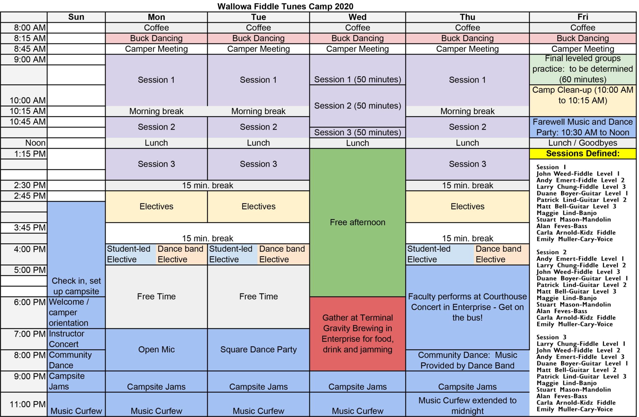 Wallowa Fiddle Tunes Camp 2020 Schedule | Wallowa Valley Music Alliance